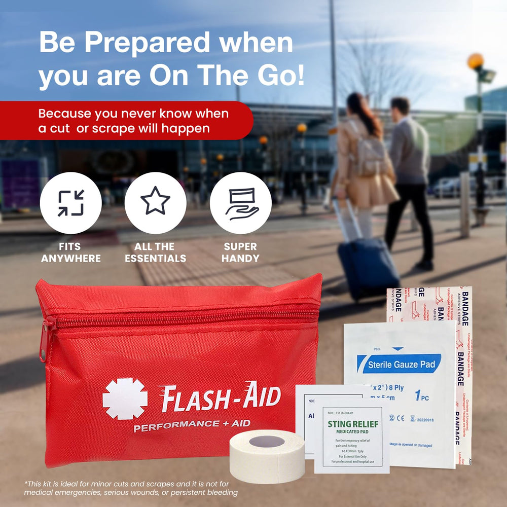 Compact nylon pouch shown for travel and everyday safety by Flash-Aid.