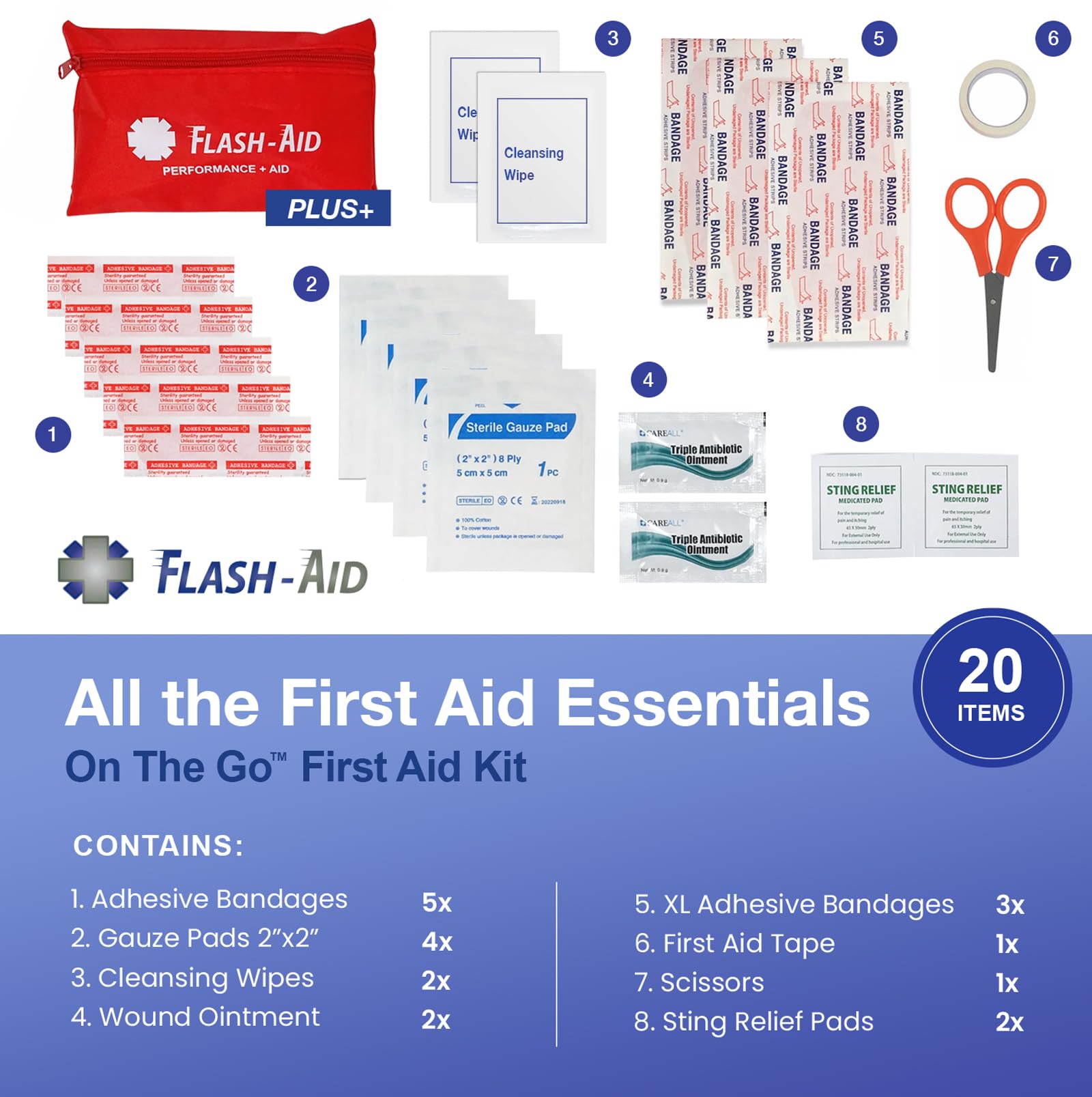 Durable water-resistant pouch protects contents during trips with Flash-Aid.