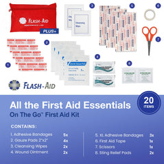 Durable water-resistant pouch protects contents during trips with Flash-Aid.