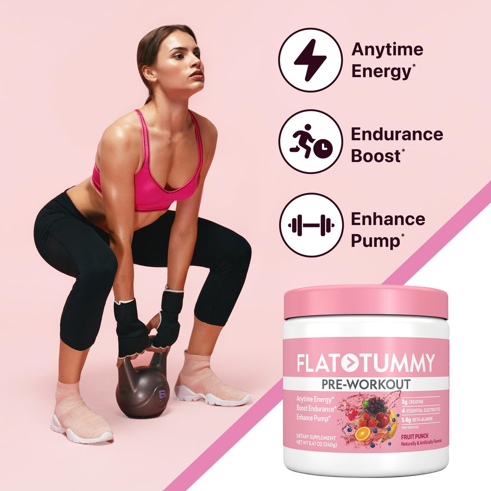 Flat Tummy Pre Workout beta-alanine and creatine close-up highlights endurance support.