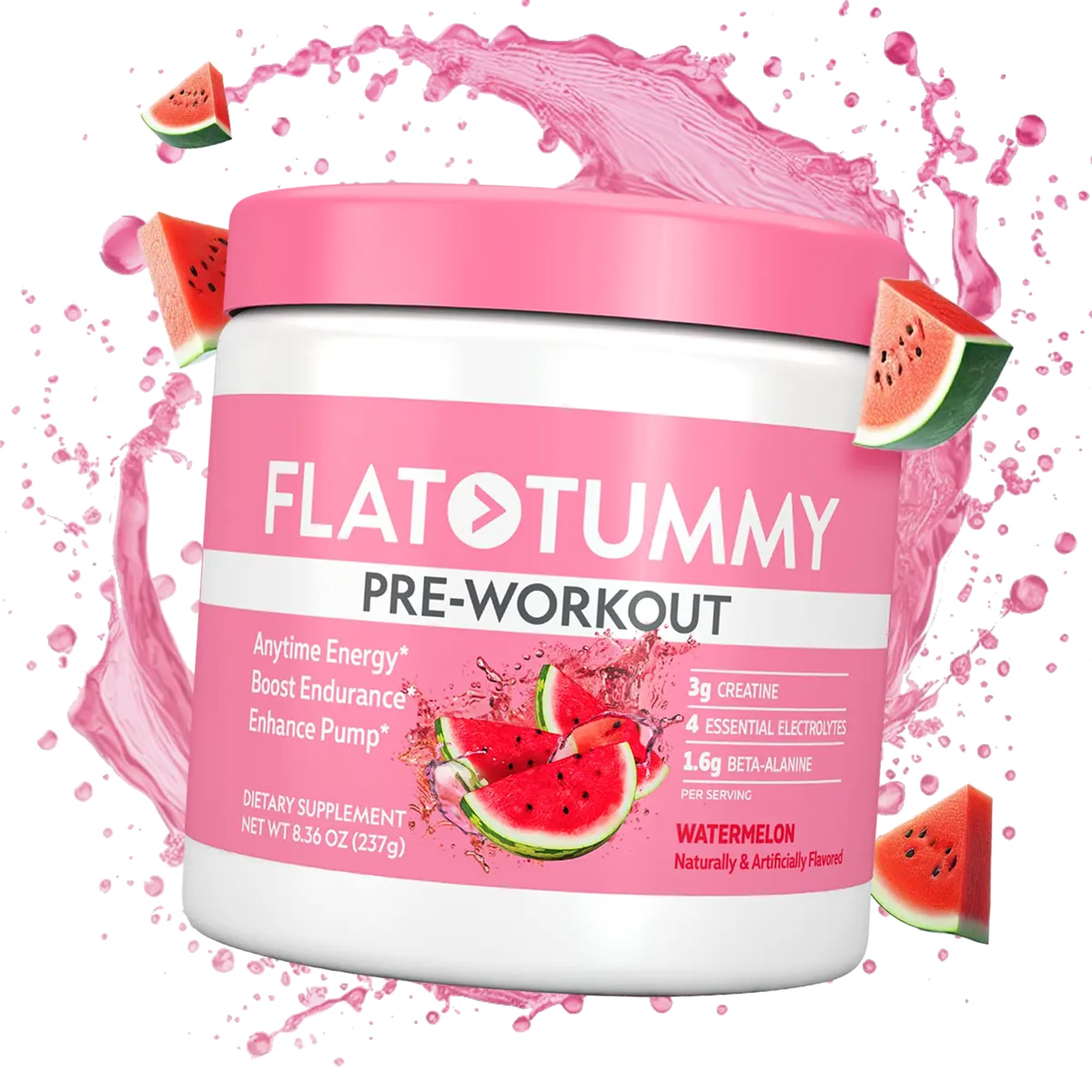 Flat Tummy Pre Workout bottle in Watermelon flavor for on-the-go energy.