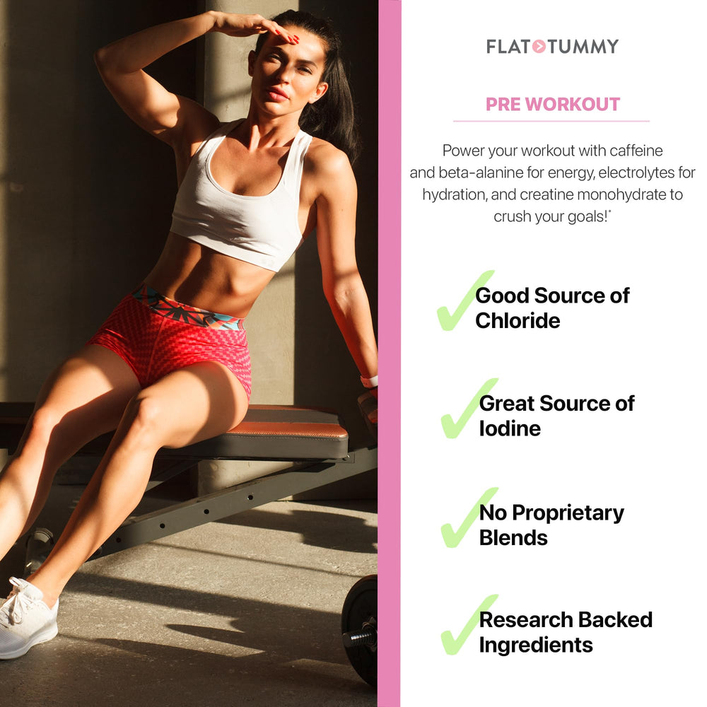 Flat Tummy Pre Workout powder being poured into water for pre-workout fuel.