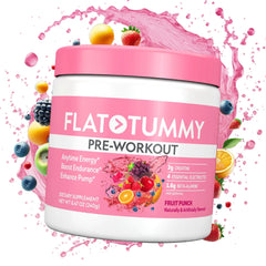 Flat Tummy Pre Workout Watermelon front jar shows energy-boosting formula.