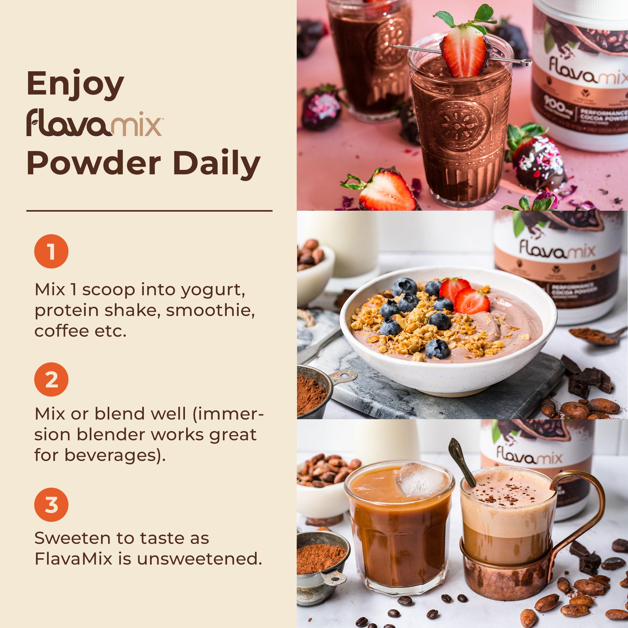 FlavaNaturals FlavaMix powder in box highlights plant-based, zero sugar formulation for clean fueling.