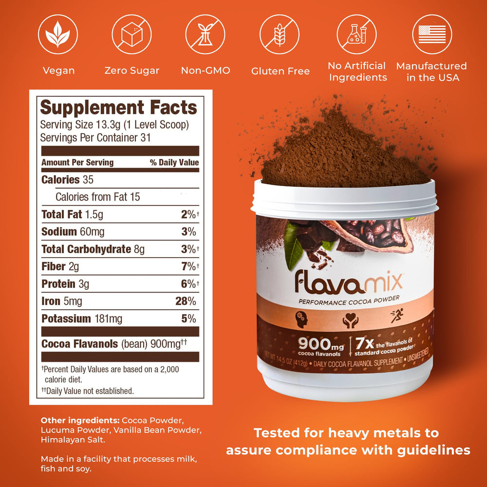 FlavaNaturals FlavaMix cocoa powder label shows 900mg flavanols per serving for flavor and benefits.