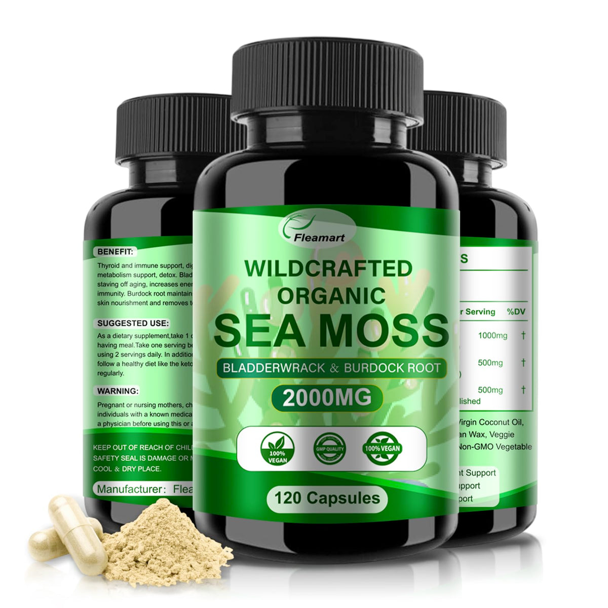 Fleamart Irish Sea Moss Capsules bottle for daily wellness with wild sea minerals