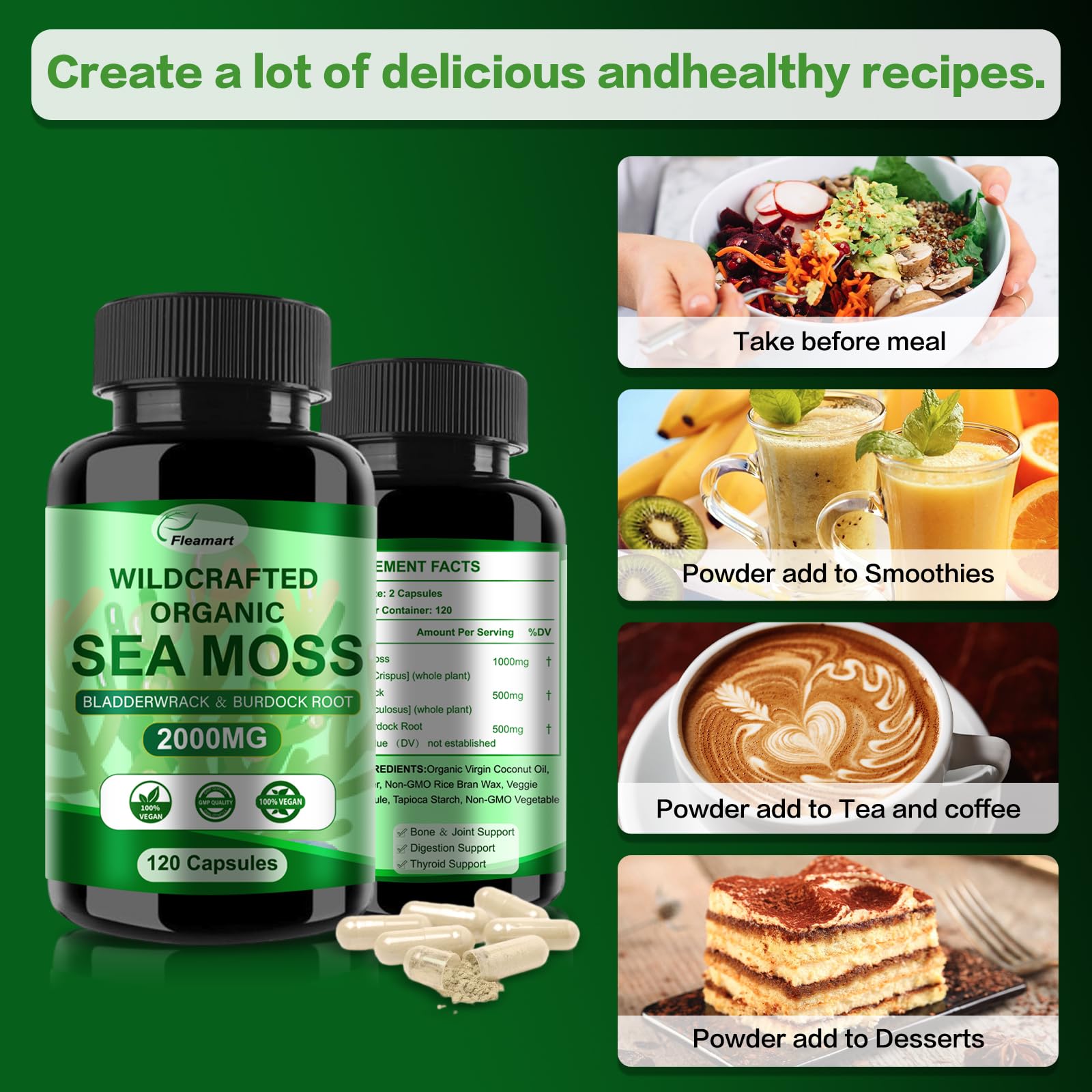 Fleamart sea moss capsules closeup shows easy to swallow pills