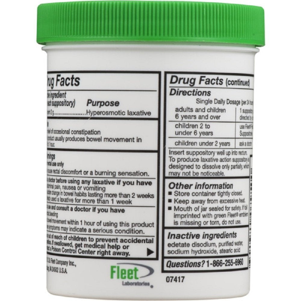 Fleet glycerin suppositories with a lubricated soft glide tip for easy insertion