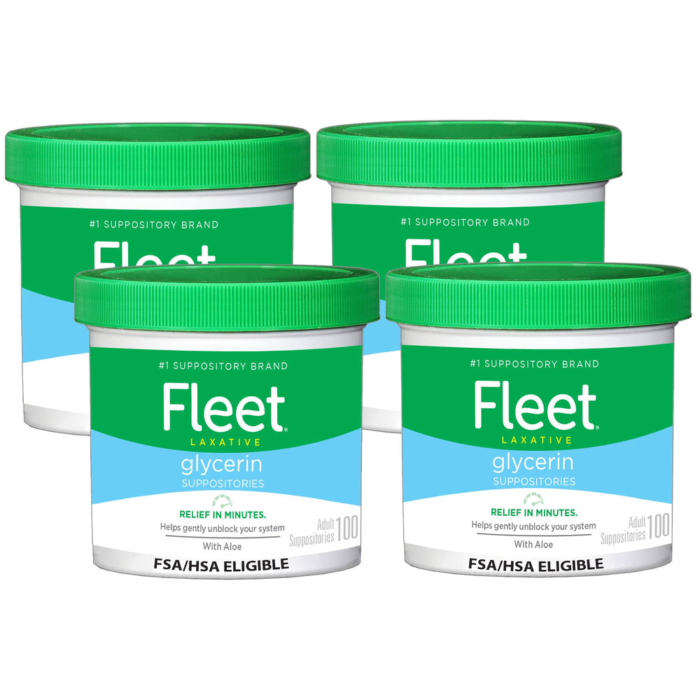 Fleet Glycerin Suppositories jar with 100-count pack for convenient relief.