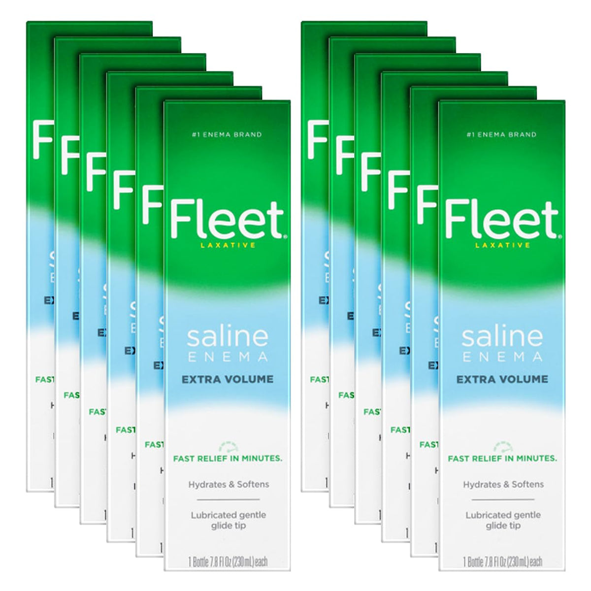 Fleet saline laxative enema twelve-pack bottles in multicolor packaging for cleansing relief