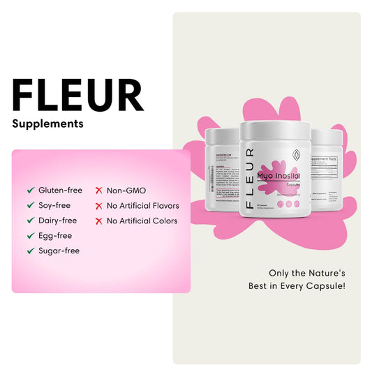 Close-up of Fleur capsules showing vegan, non-GMO formula for ovarian support.