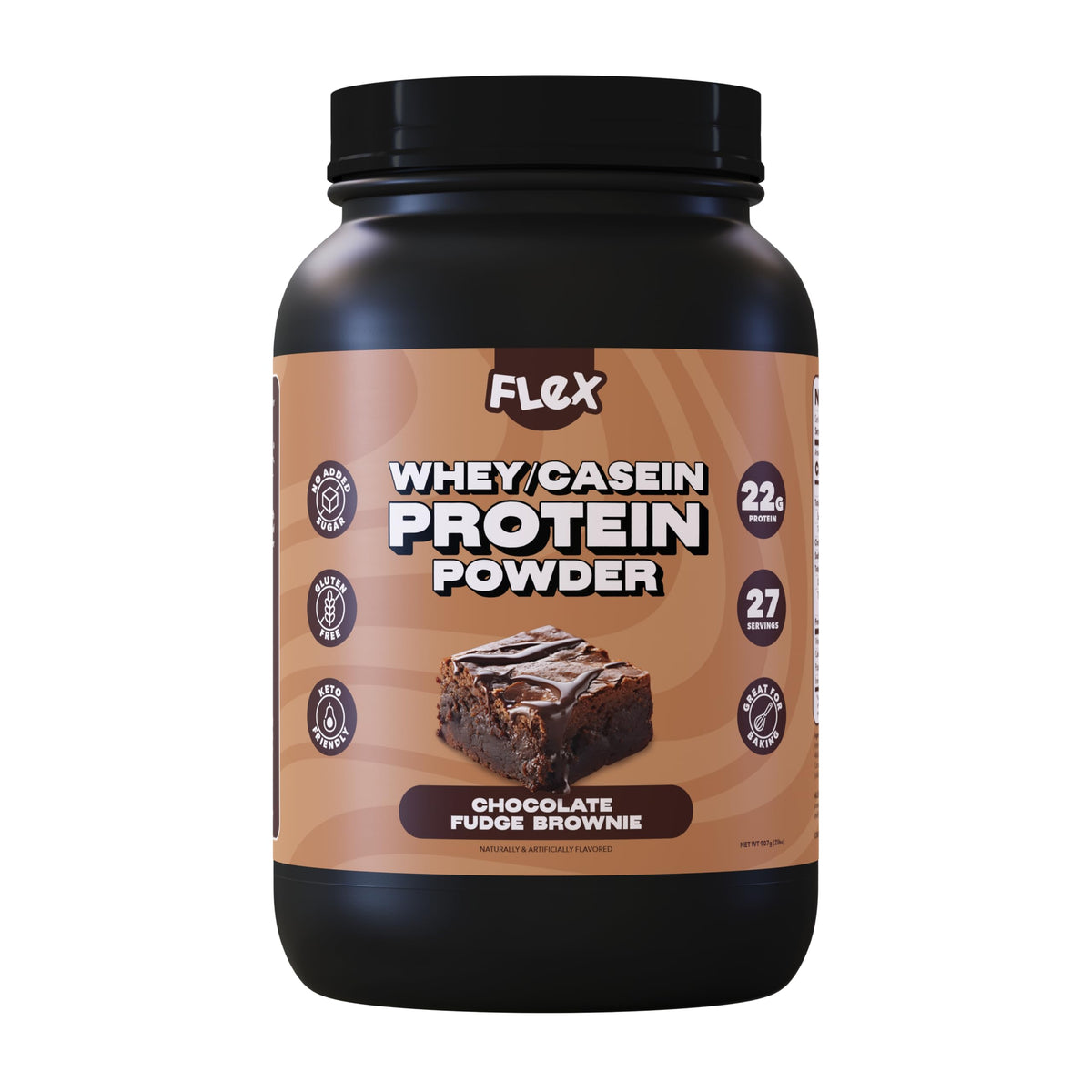 Flex Brands Whey Protein Chocolate Fudge Brownie tub for protein-packed meals