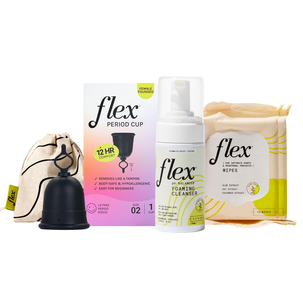FLEX Cup Size 02 in starter bundle with easy removal pull-tab
