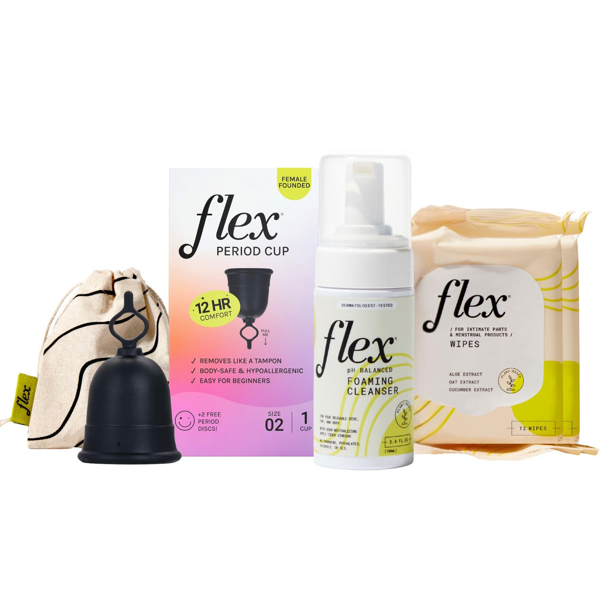 FLEX Cup Size 02 in starter bundle with easy removal pull-tab