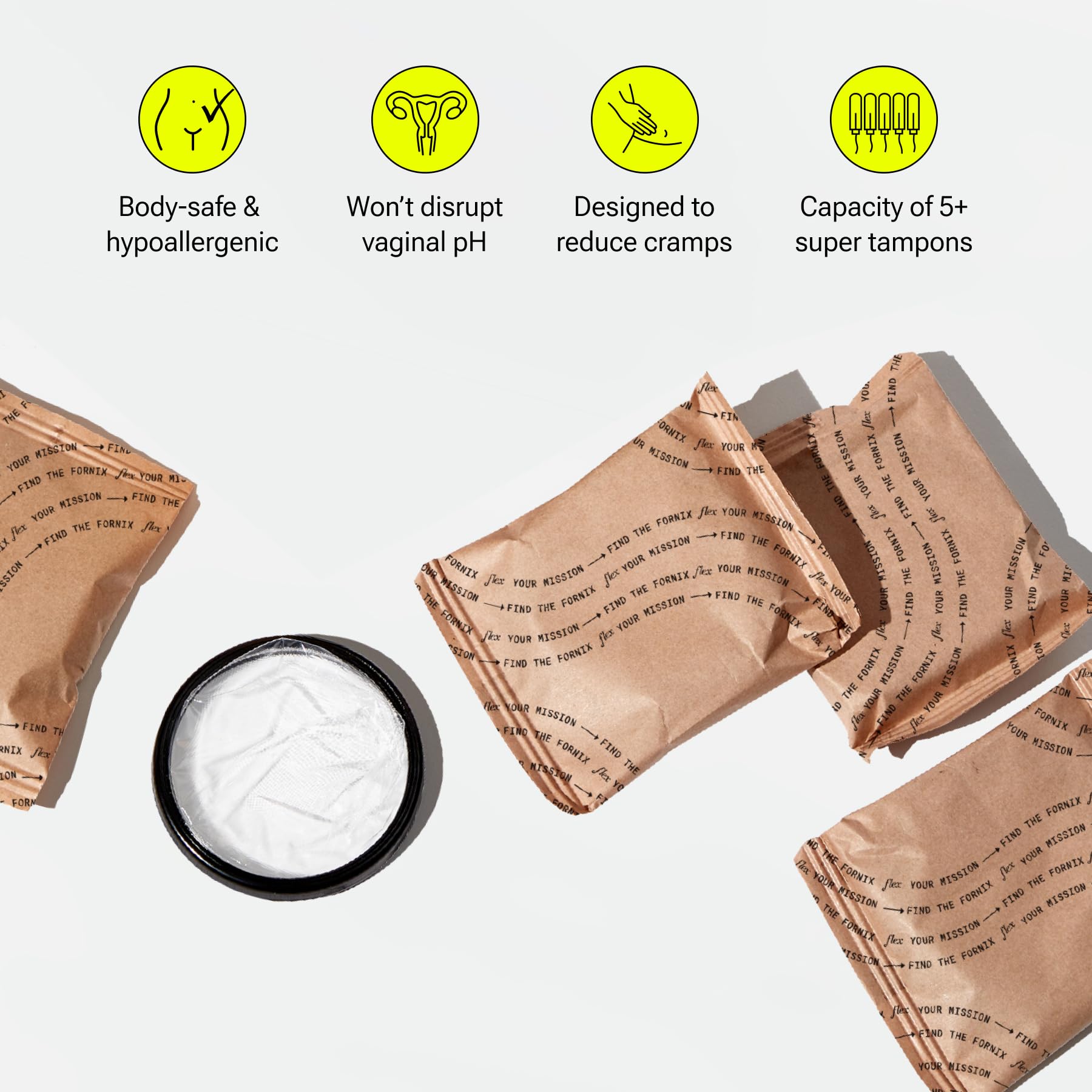 FLEX Menstrual Discs close-up, disc capacity equivalent to five super tampons in use.