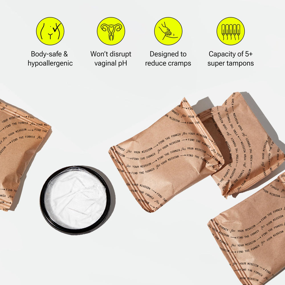 FLEX Menstrual Discs close-up, disc capacity equivalent to five super tampons in use.