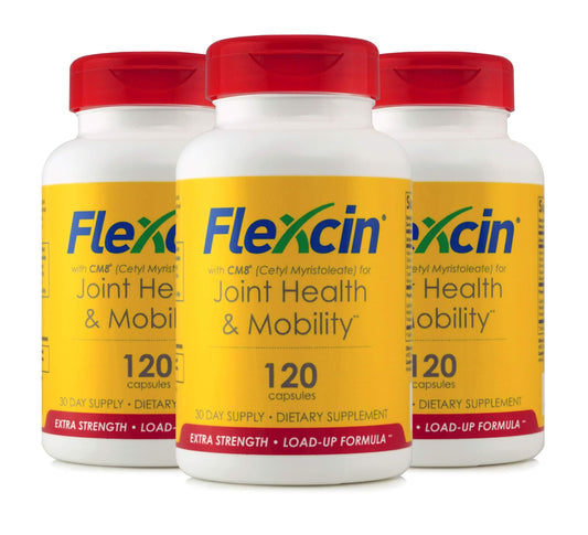 Flexcin three-pack bottles showcase the product for convenient daily joint support.