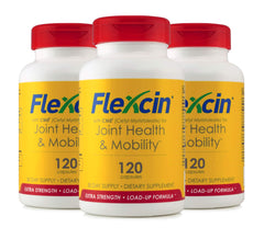 Flexcin three-pack bottles showcase the product for convenient daily joint support.