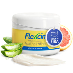 Flexcin Motion Lotion 3-pack display for convenient home, gym, and work access.