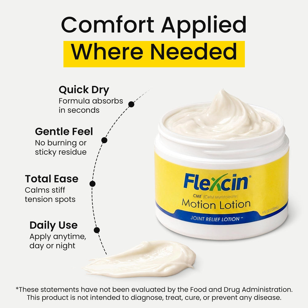 Flexcin Motion Lotion hand-application provides quick, targeted care for daily tasks.