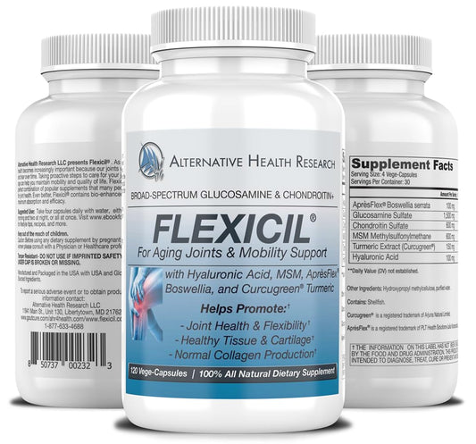 Flexicil capsules close-up highlights bio-enhanced formula for better absorption.