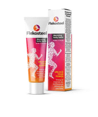 FLEXMOTION Flekosteel warming balm tube ready for application, offering soothing warmth.