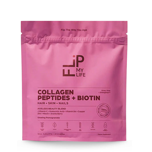 Flip My Life collagen peptides bottle showing premium blend for hair, skin, and nails.