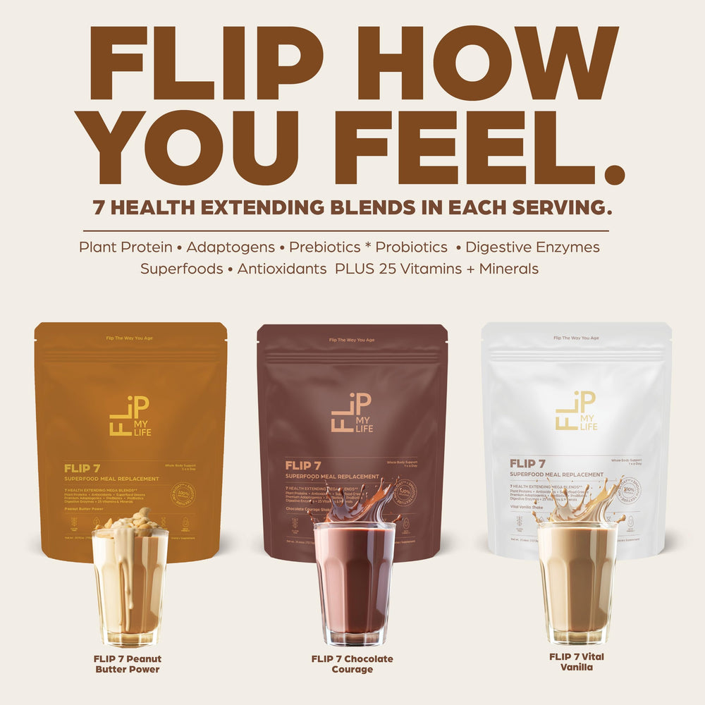 Flip My Life Flip 7 vanilla digestive enzymes pack, highlighting gut-friendly blends.