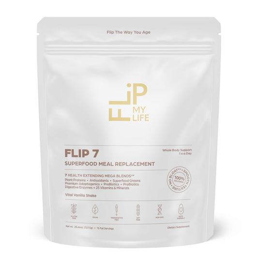 Flip My Life Flip 7 vanilla bottle pouring, a convenient plant-based meal option.