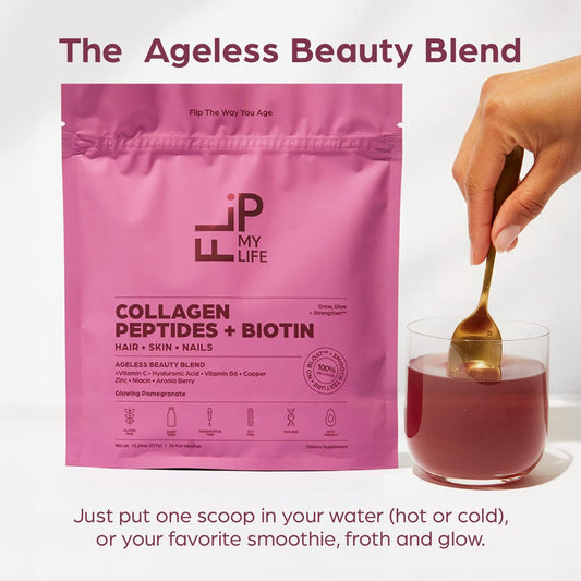 Flip My Life label closeup highlighting ageless beauty blend ingredients and clean nutrition.