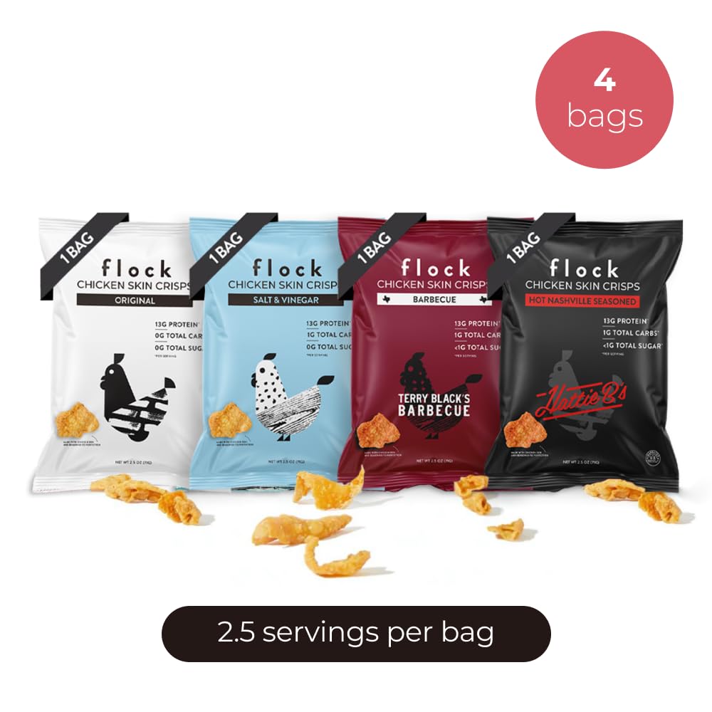 Flock Keto Chicken Skin Chips 4-pack display, ready-to-eat snack option