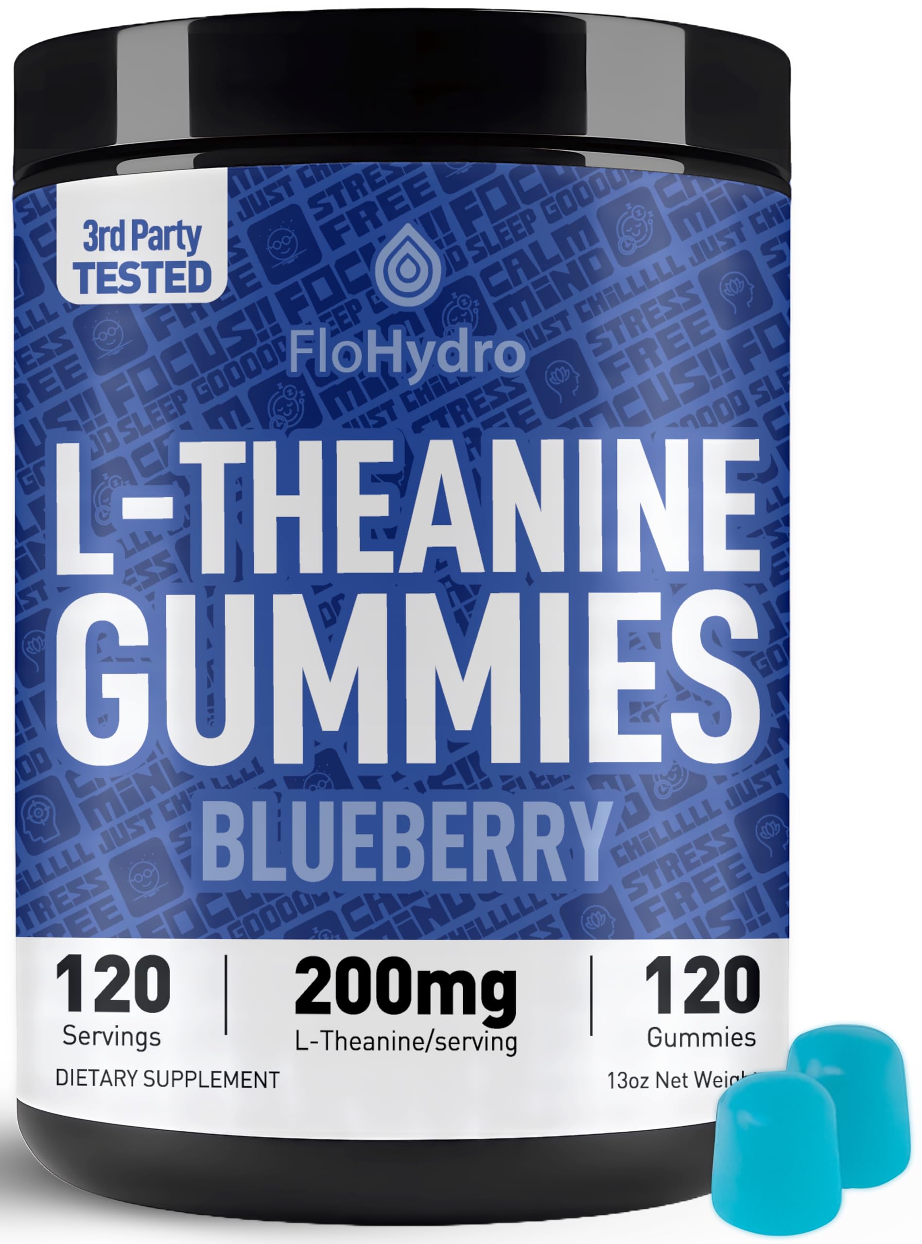 FloHydro L-Theanine Gummies bottle on shelf signaling daily calm and focus.