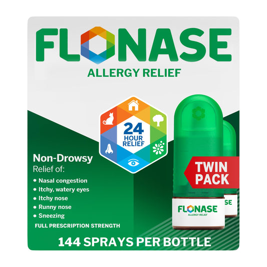 Flonase balance bottle pour demonstrates easy daily dosing for allergy relief.