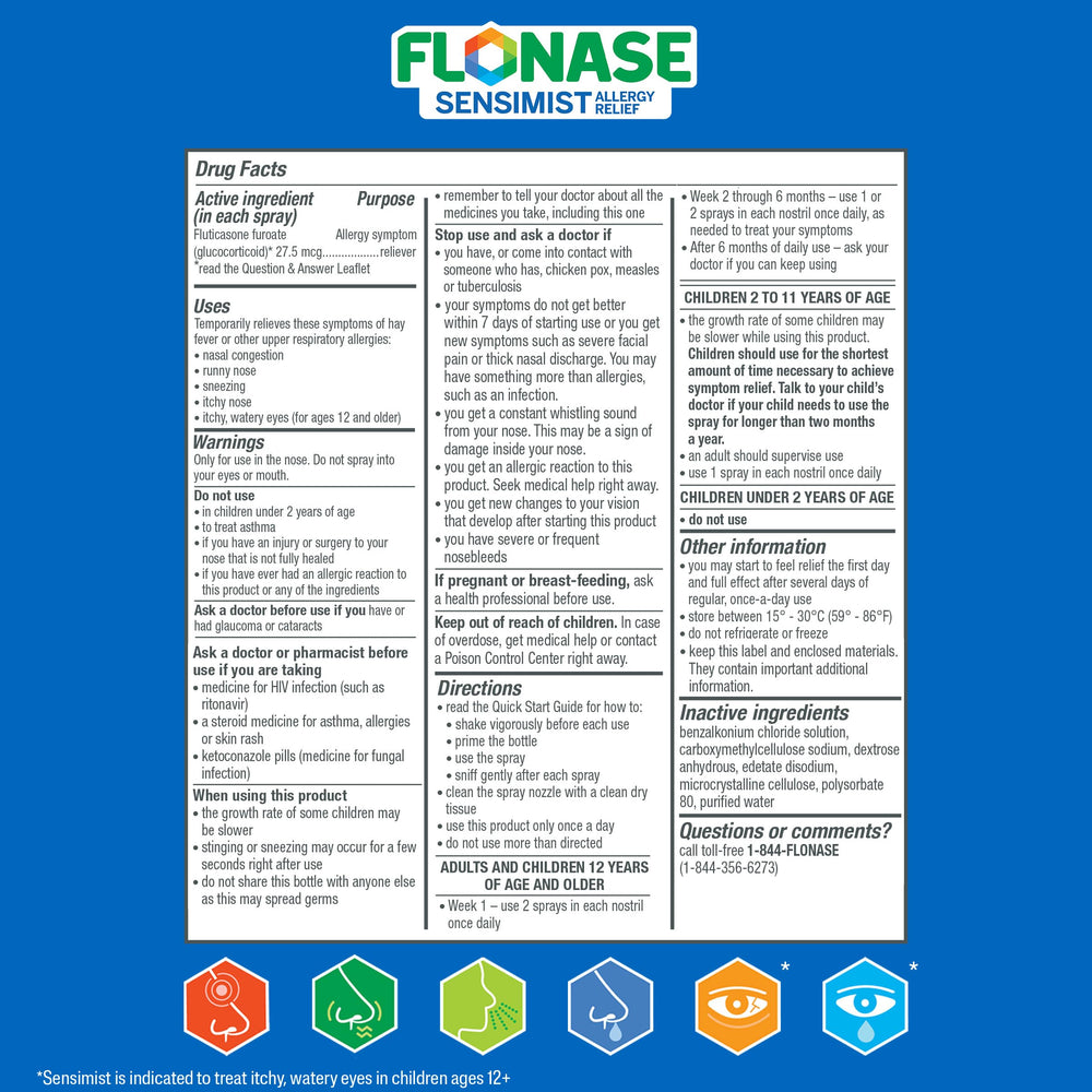 Flonase Sensimist child dosing guidance for ages 2 and up.