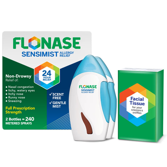 Flonase Sensimist two bottles deliver 240 sprays for all-day allergy management.
