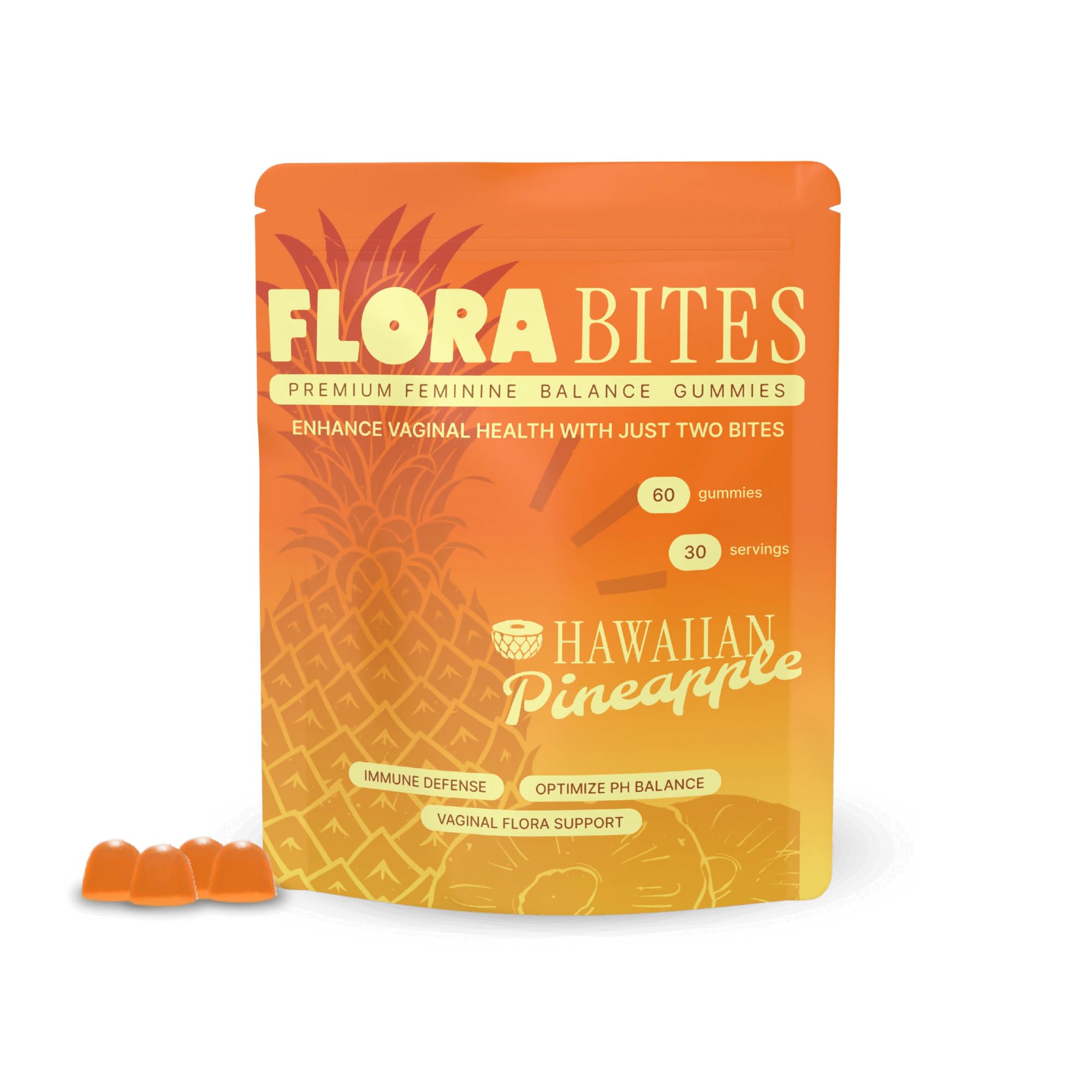 Flora Bites Premium Feminine Balance Gummies bottle pours, highlighting easy daily pH support.