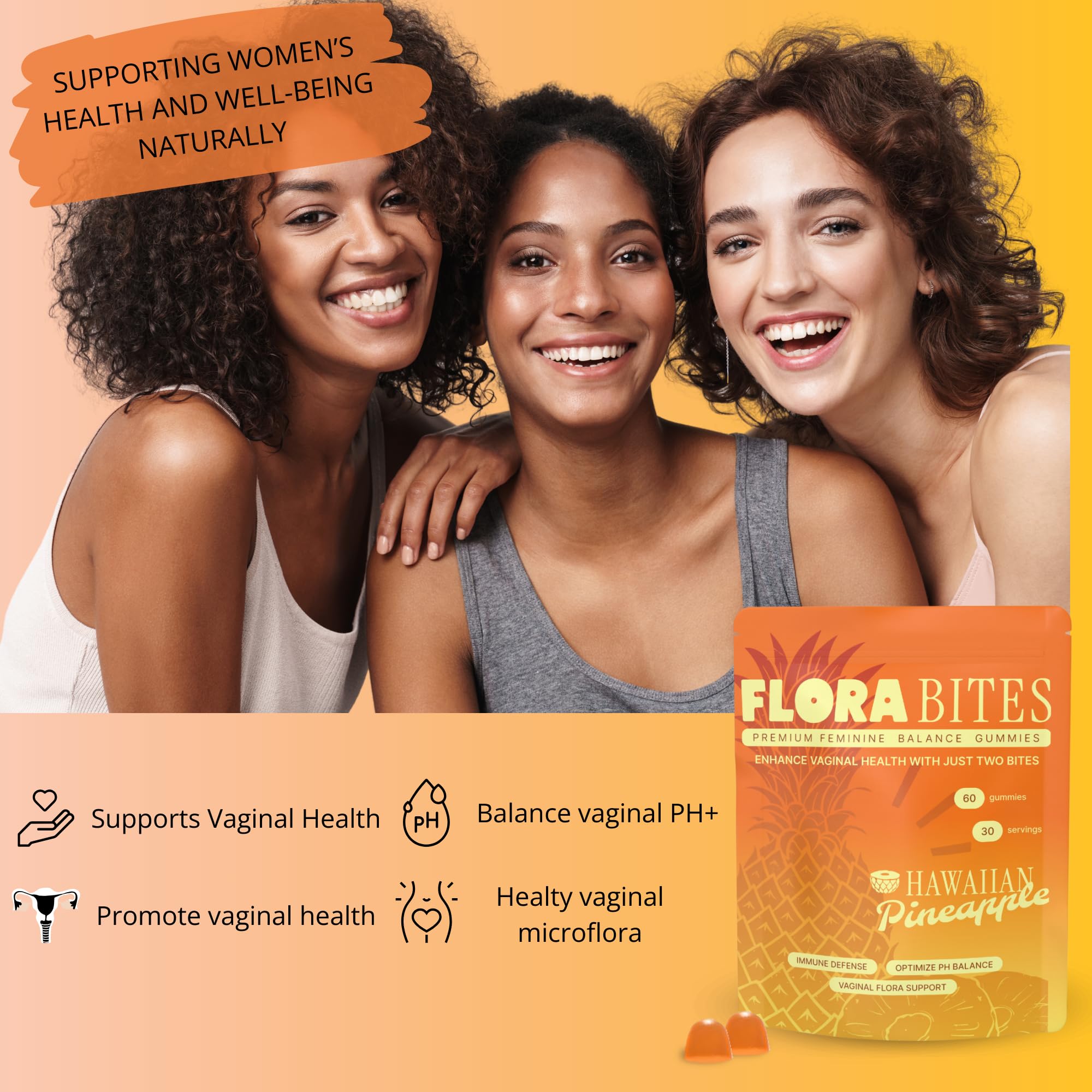 Flora Bites Premium Gummies pack shot, 60 gummies for 30 days of use.