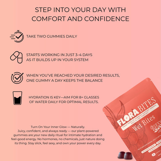 Flora Bites slippery elm bark gummies highlight natural moisture from within