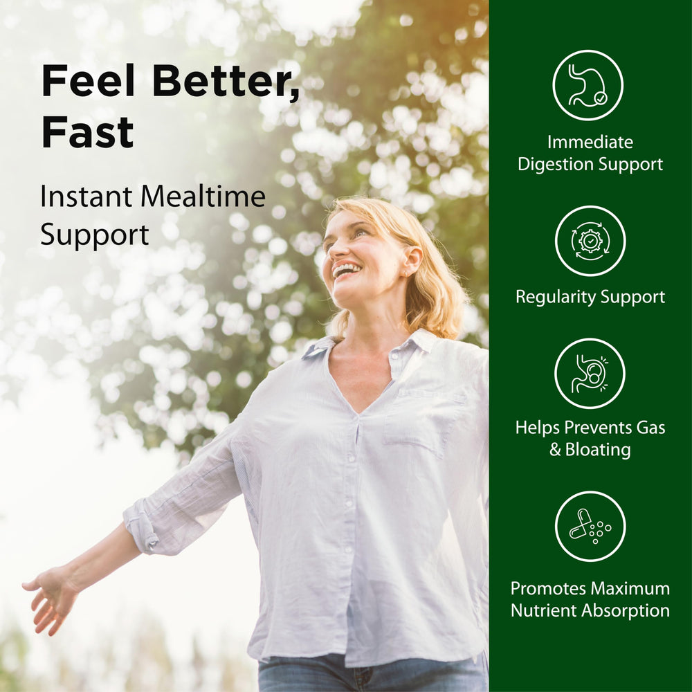 Pouring Flora Enzyme Blend capsules, convenient with meals for potential digestive relief.