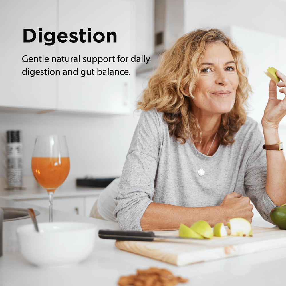 Digestive table illustration with Flora Enzyme Blend benefits and meal timing.