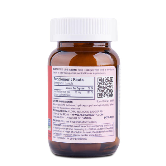 Close-up of Flora Ferritin+ delayed-release capsules for gentle absorption.