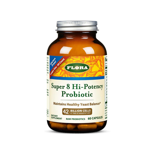 Flora Super 8 probiotic bottle with label signaling daily gut care