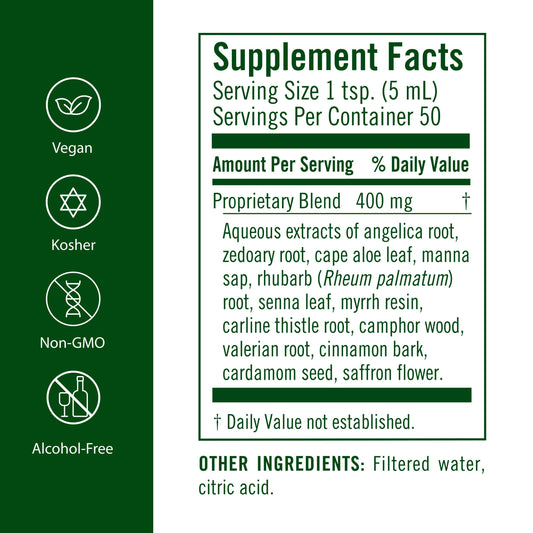 Flora Swedish Bitters pour into water for a digestive ritual.