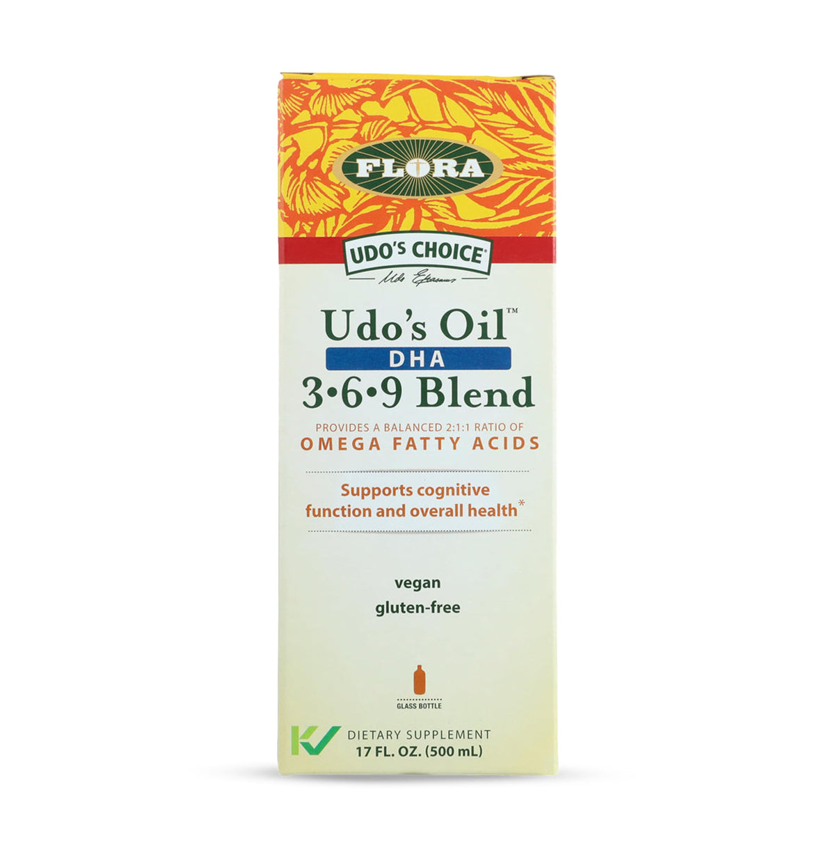 Flora Udo's Oil DHA 3-6-9 bottle highlights plant-based omega blend for daily brain and eye support