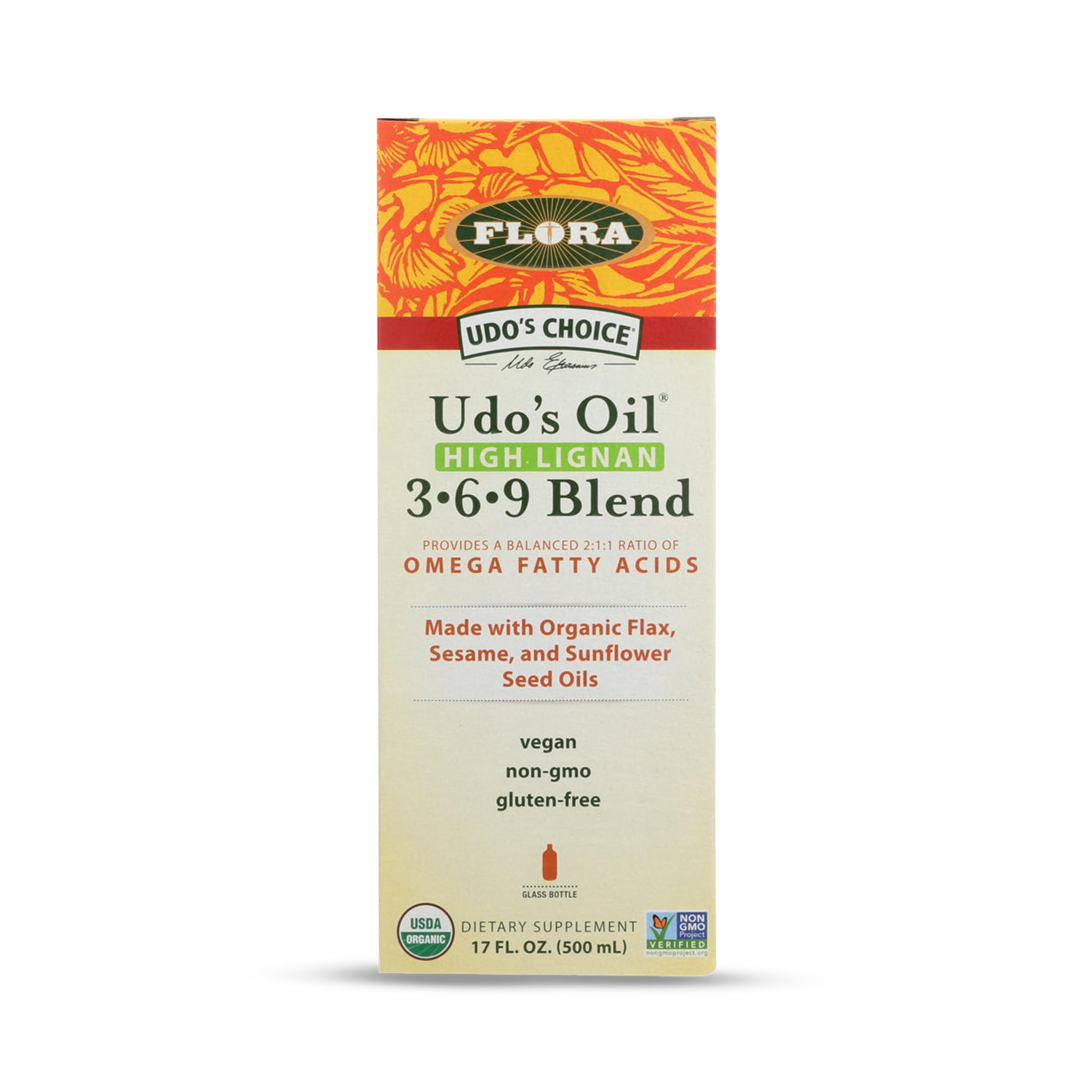 Flora Udo’s Oil High Lignan bottle preserves a balanced omega blend for daily meals.