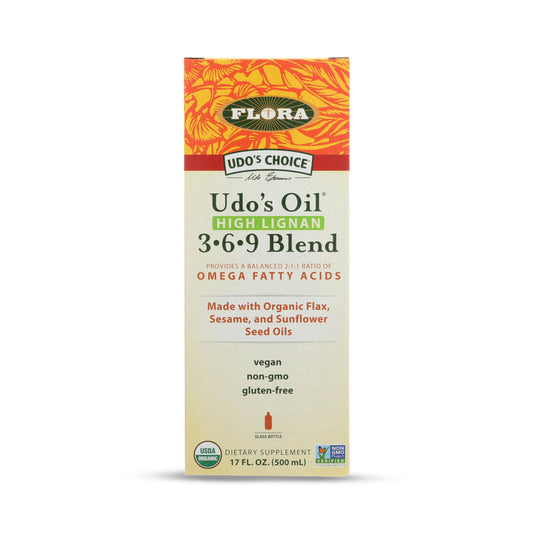 Flora Udo’s Oil High Lignan bottle preserves a balanced omega blend for daily meals.