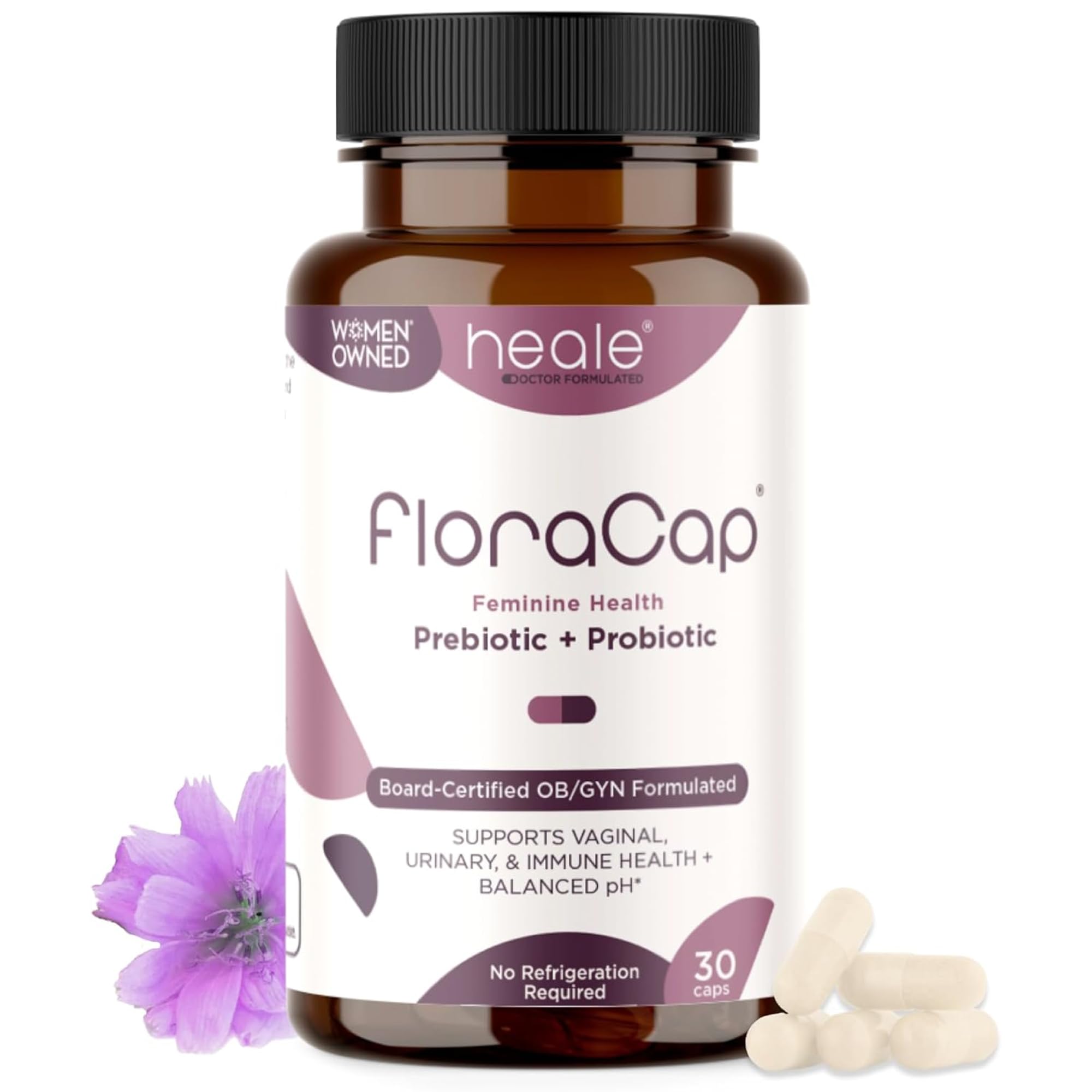 FloraCap bottle packaging for daily probiotic support of vaginal flora