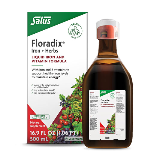 Floradix bottle closeup shows liquid iron for daily wellness.