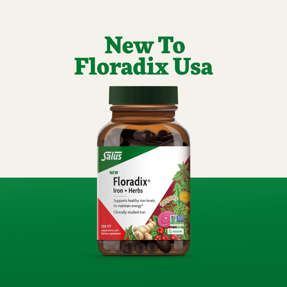 Floradix Iron + Herbs bottle with glass shows easy routine.