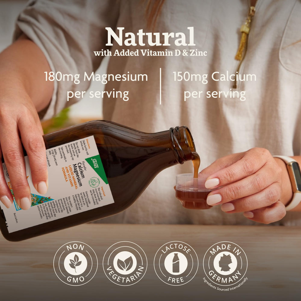 Floradix bottle with glass shows simple, convenient daily supplement routine
